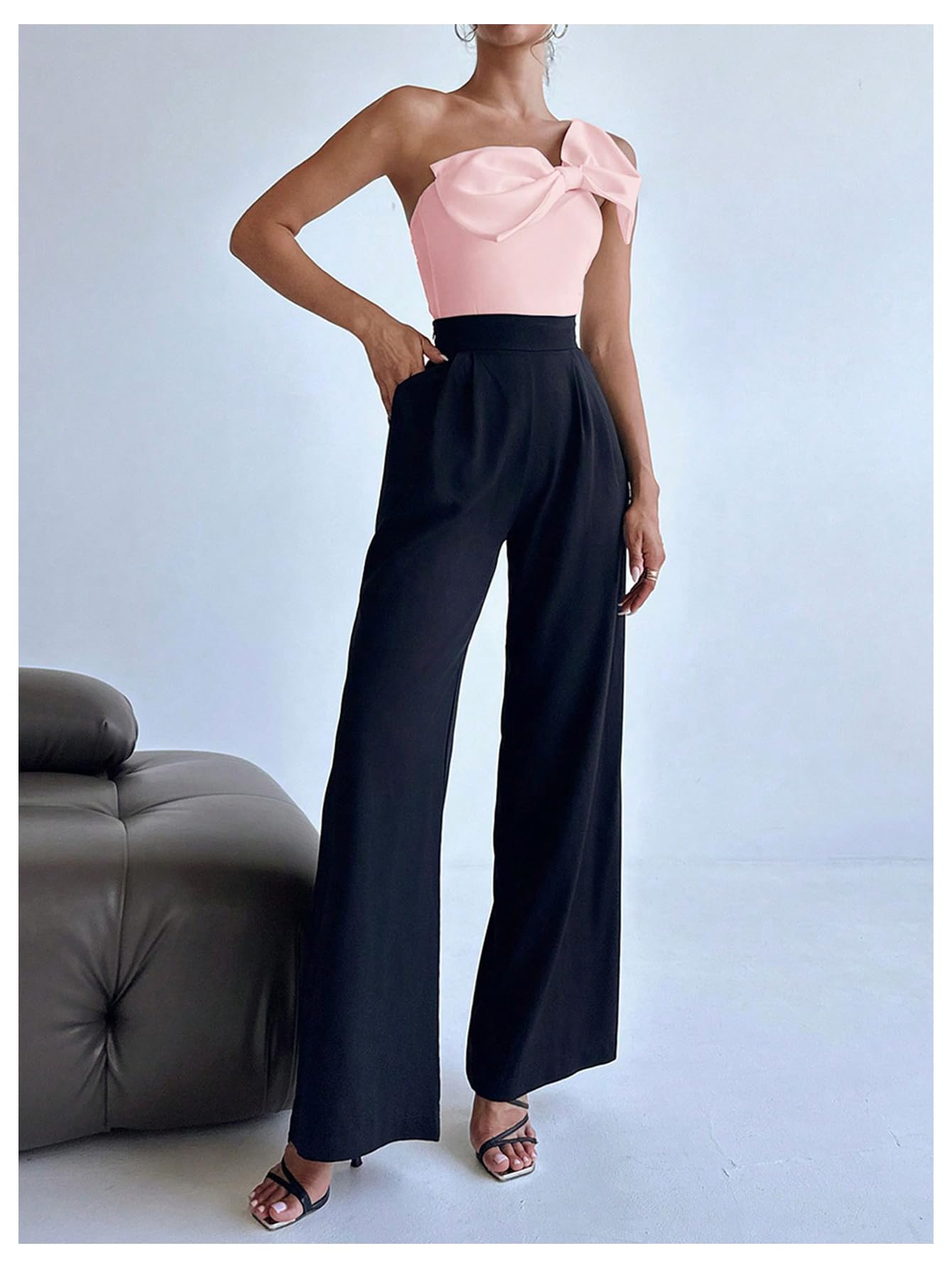 Women's One Shoulder Sleeveless Big Bow Front Elegant Fitted Tank Top Bodysuit