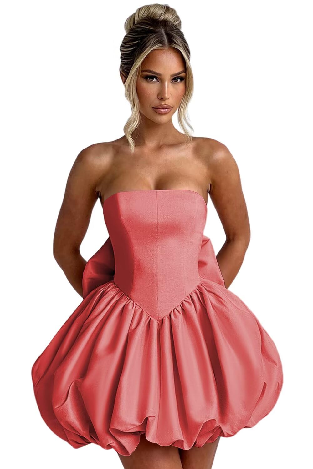 Satin Bubble Dress with Pockets Strapless Detachable Bow Short Ball Gowns A Line