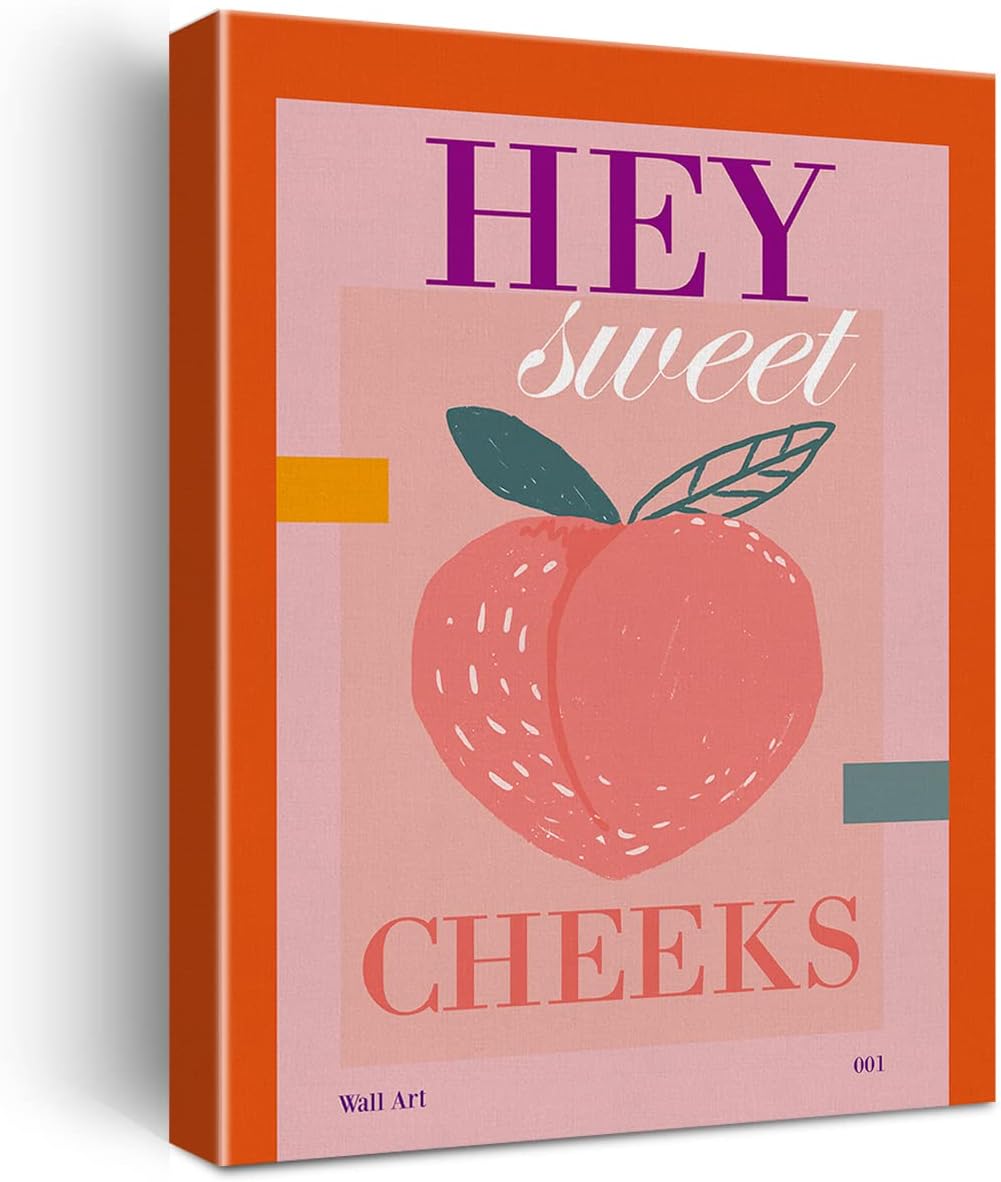 Print Canvas Wall Art Home Decor -  Bathroom Peach Art Hey Sweet Cheeks Painting 12x15 Canvas Poster Framed Ready to Hang
