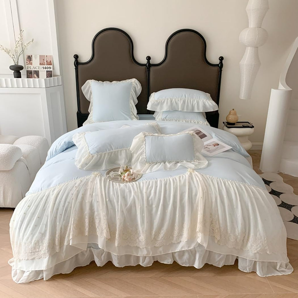 Lace Duvet Cover - Chiffon Ruffled Beddding Set with Flower, 3 Pieces Comforter Cover Set with Zipper Closure and Pillowcase