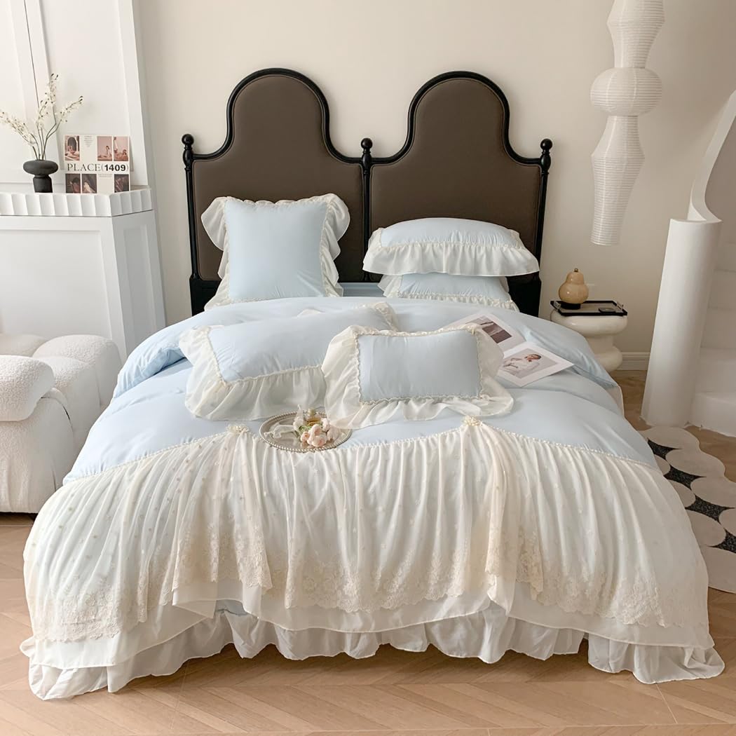 Lace Duvet Cover - Chiffon Ruffled Beddding Set with Flower, 3 Pieces Comforter Cover Set with Zipper Closure and Pillowcase