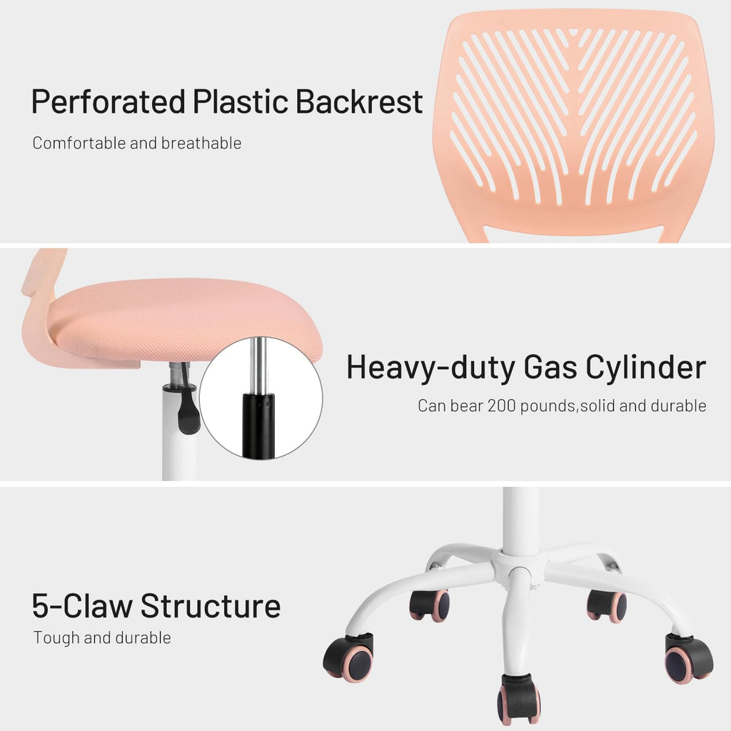 Study Desk Chair Armless Cute, Ergonomic Small Swivel Adjustable Rolling Lightweight Task Chair with Wheels and Mesh Padded Cushion
