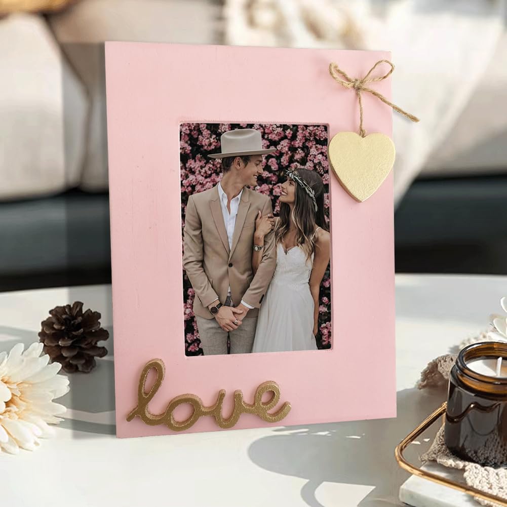 Love Picture Frame with Heart for Table Top and Wall Mounting-Distressed Wooden Photo Frame HD Glass Inside