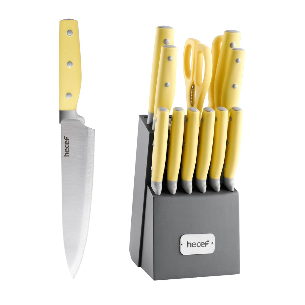 Kitchen Knife Block Set, 14 Pieces Knife Set with Wooden Block & Sharpener Steel & All-purpose Scissors, High Carbon Stainless Steel Cutlery Set