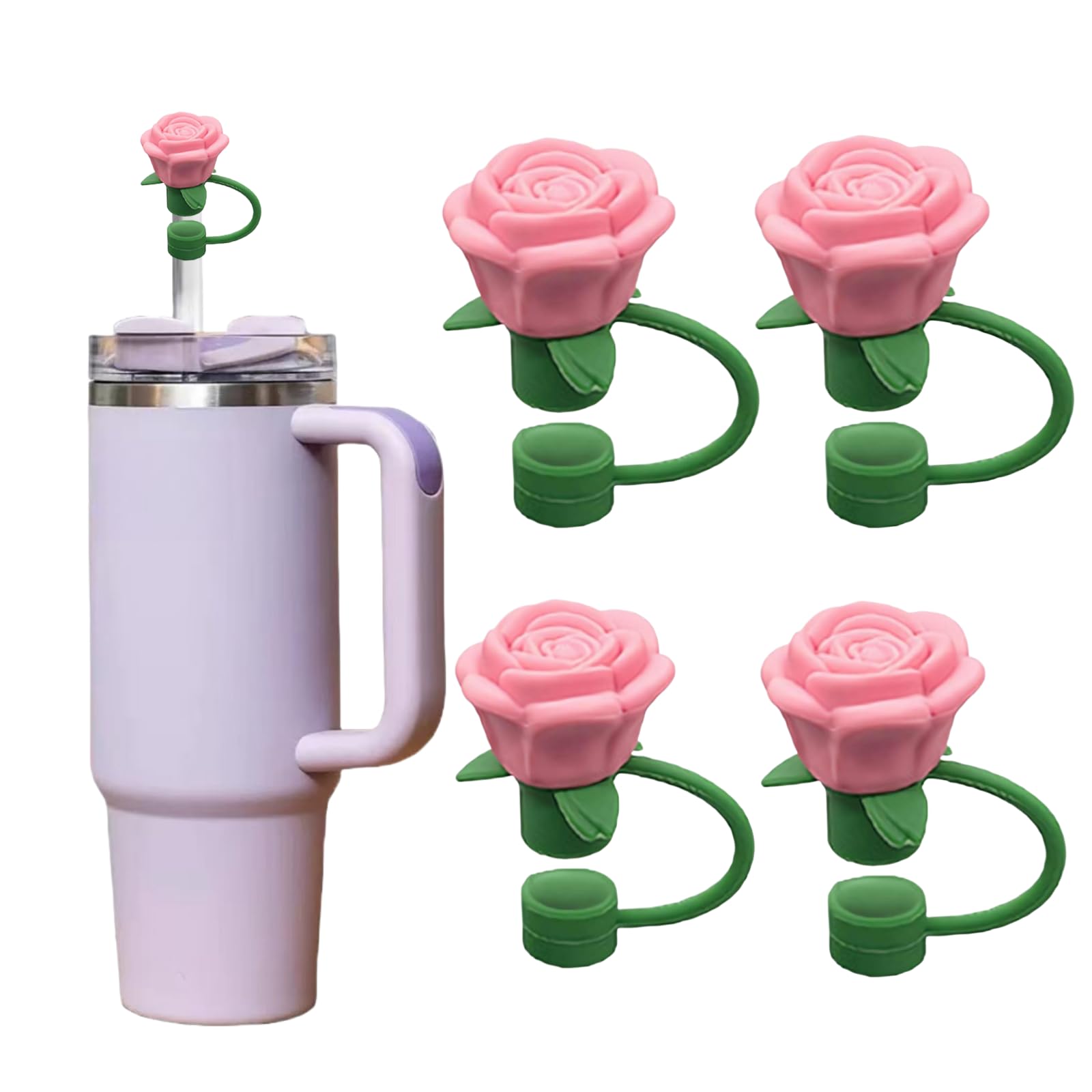 Rose Flower Straw Covers for Stanley Cup, Silicone Cover Dust Proof Plugs Protector 4Pcs 10mm
