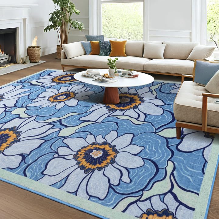 Faux Wool Boho Floral Area Rug Abstract Print Soft Carpet, TPR Non-Slip Backing, Machine Washable Low Pile Rug