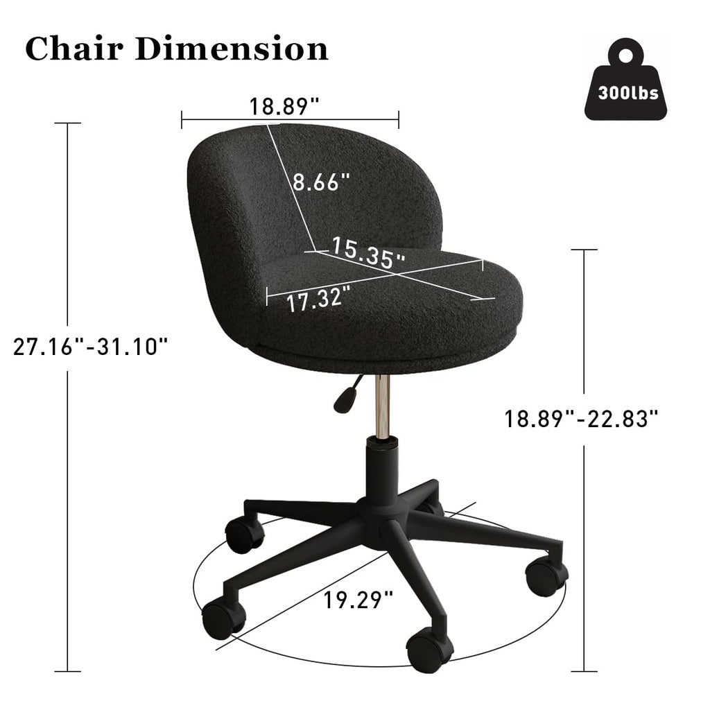 Modern Vanity Chair with Back, 360° Swivel Makeup Desk Chair Small Office Chair with Wheels, Height Adjustable Armless Computer Task Chair