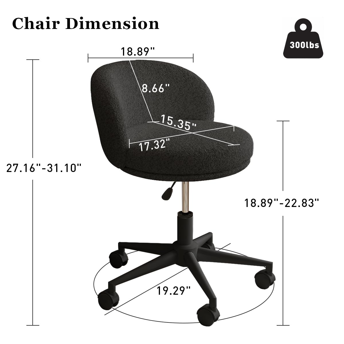 Modern Vanity Chair with Back, 360° Swivel Makeup Desk Chair Small Office Chair with Wheels, Height Adjustable Armless Computer Task Chair