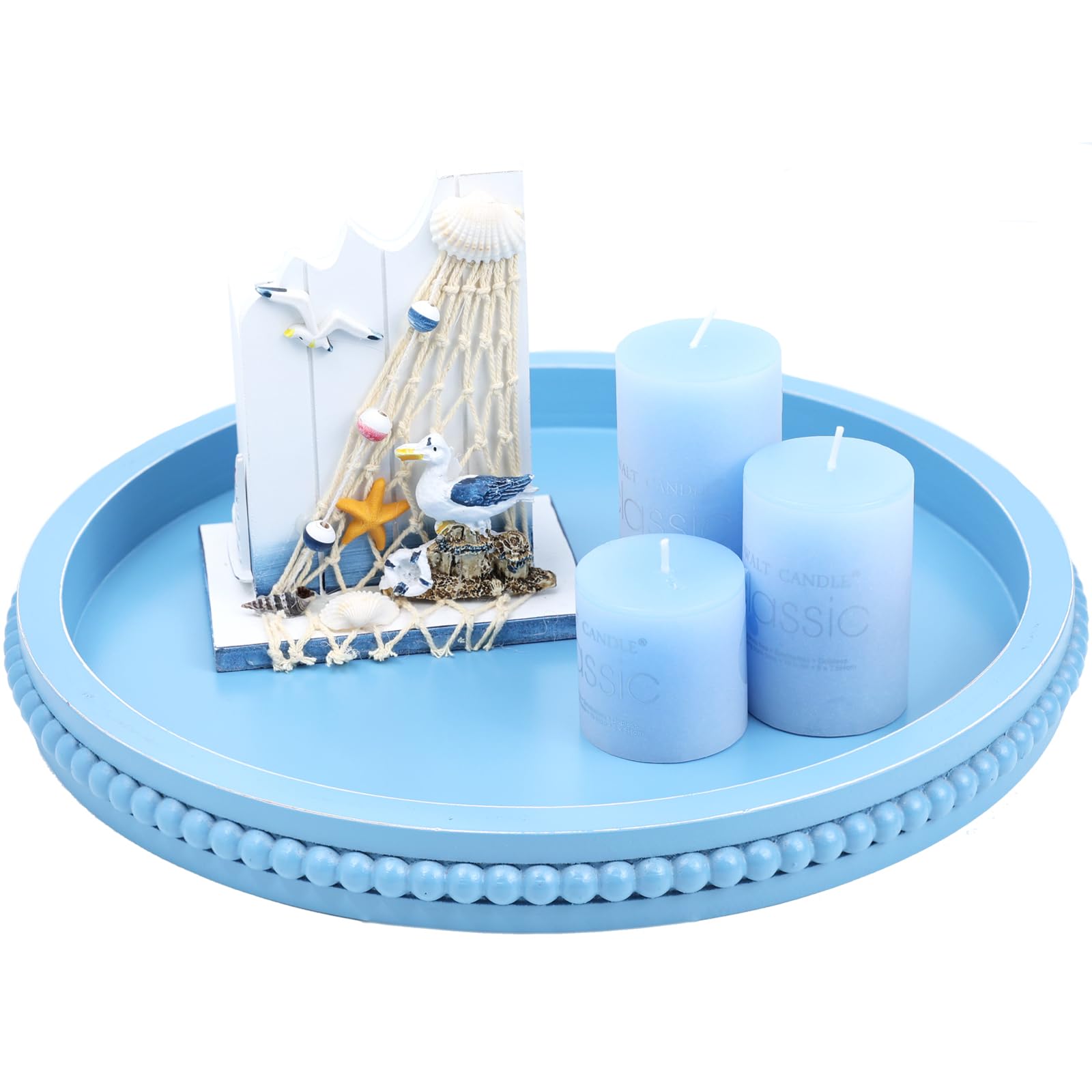 Round Wood Decorative Ottoman Tray for Coffee Table Kitchen Counter, Living Room, Handcrafted Wooden Serving Tray for Table Centerpiece