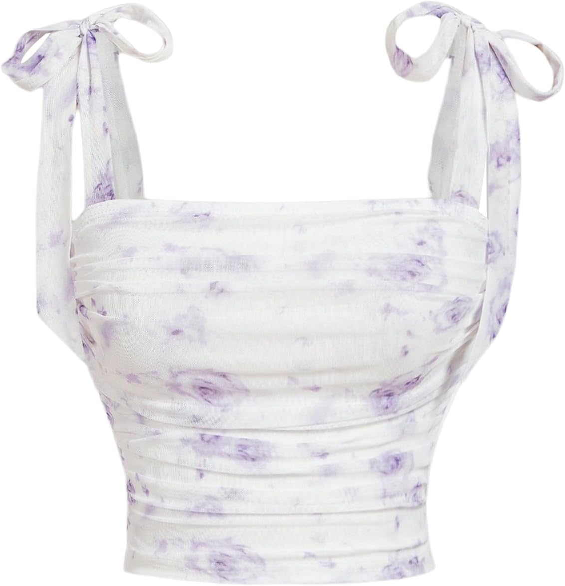 Women's Bow Tie Shoulder Crop Tops Mesh Floral Boho Top Ruched Cami Tops