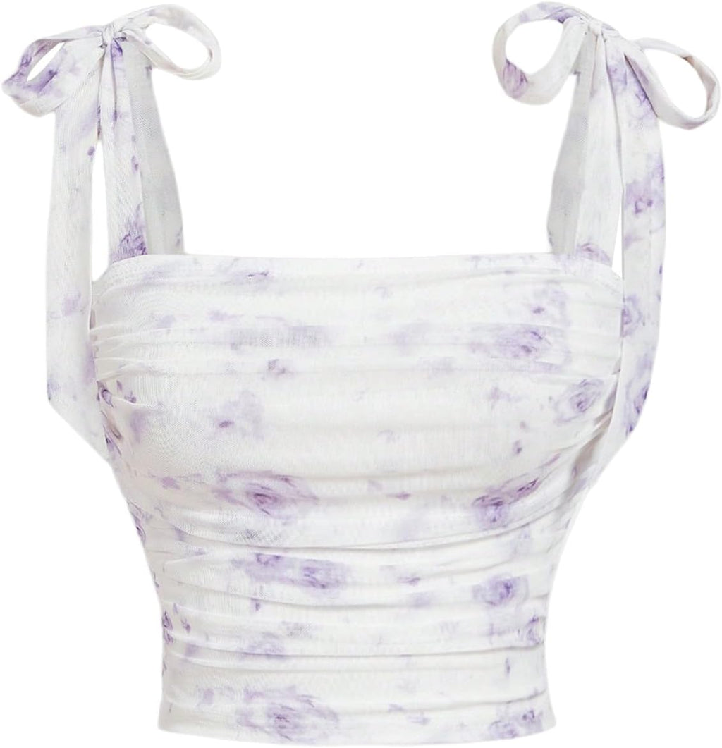 Women's Bow Tie Shoulder Crop Tops Mesh Floral Boho Top Ruched Cami Tops