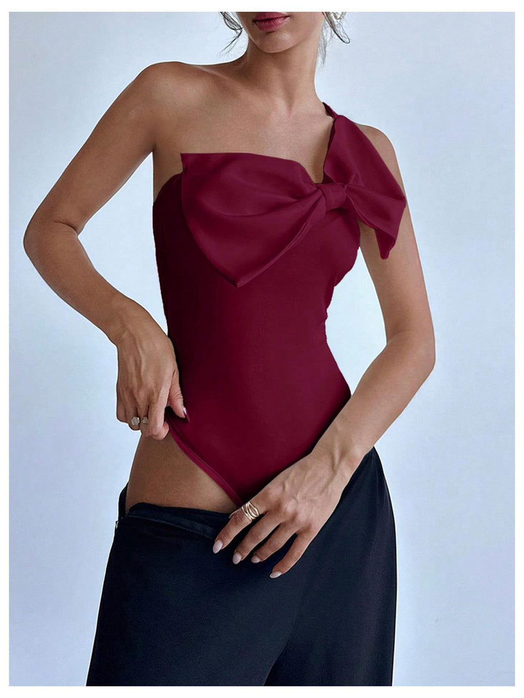 Women's One Shoulder Sleeveless Big Bow Front Elegant Fitted Tank Top Bodysuit