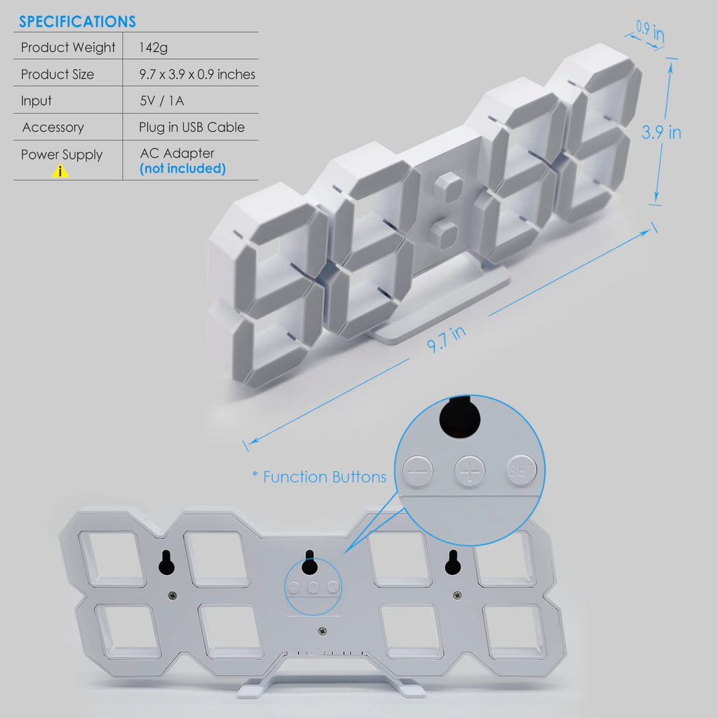 LED 3D Wall Clock 9.7" Clock with Remote/Dimming/12/24H/Temp/Alarm Clock/Date