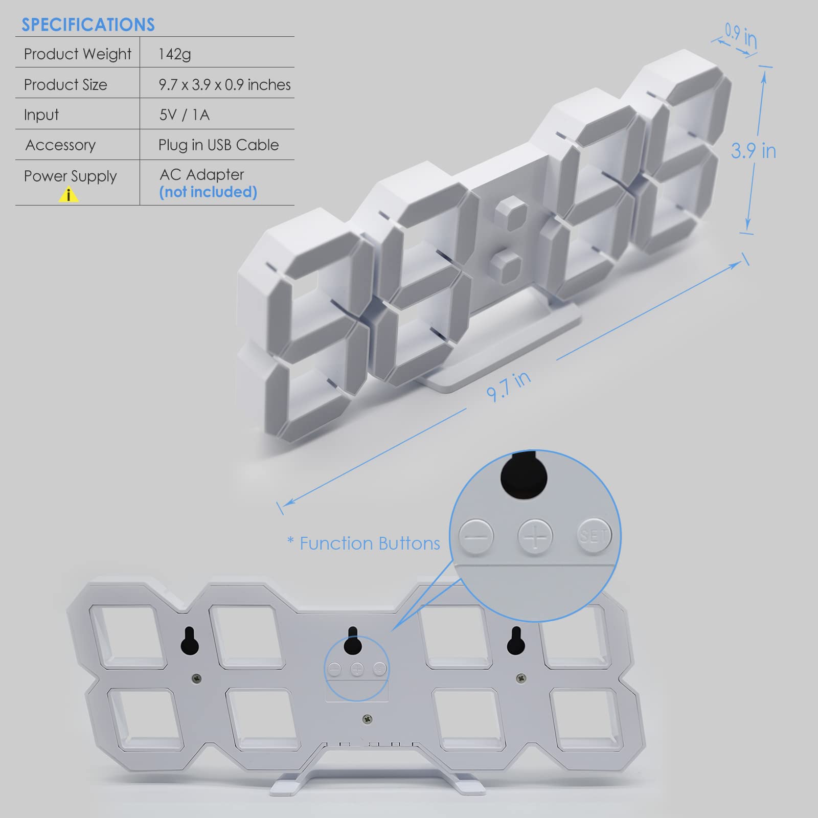 LED 3D Wall Clock 9.7" Clock with Remote/Dimming/12/24H/Temp/Alarm Clock/Date
