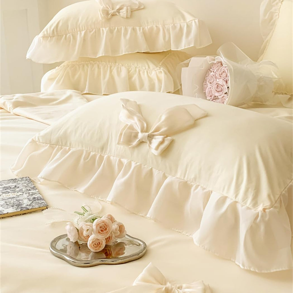 Ruffle Duvet Cover Bedding Set with Bowtie, 2 Pieces Comforter Cover Set with Zipper Closure with Pillowcase