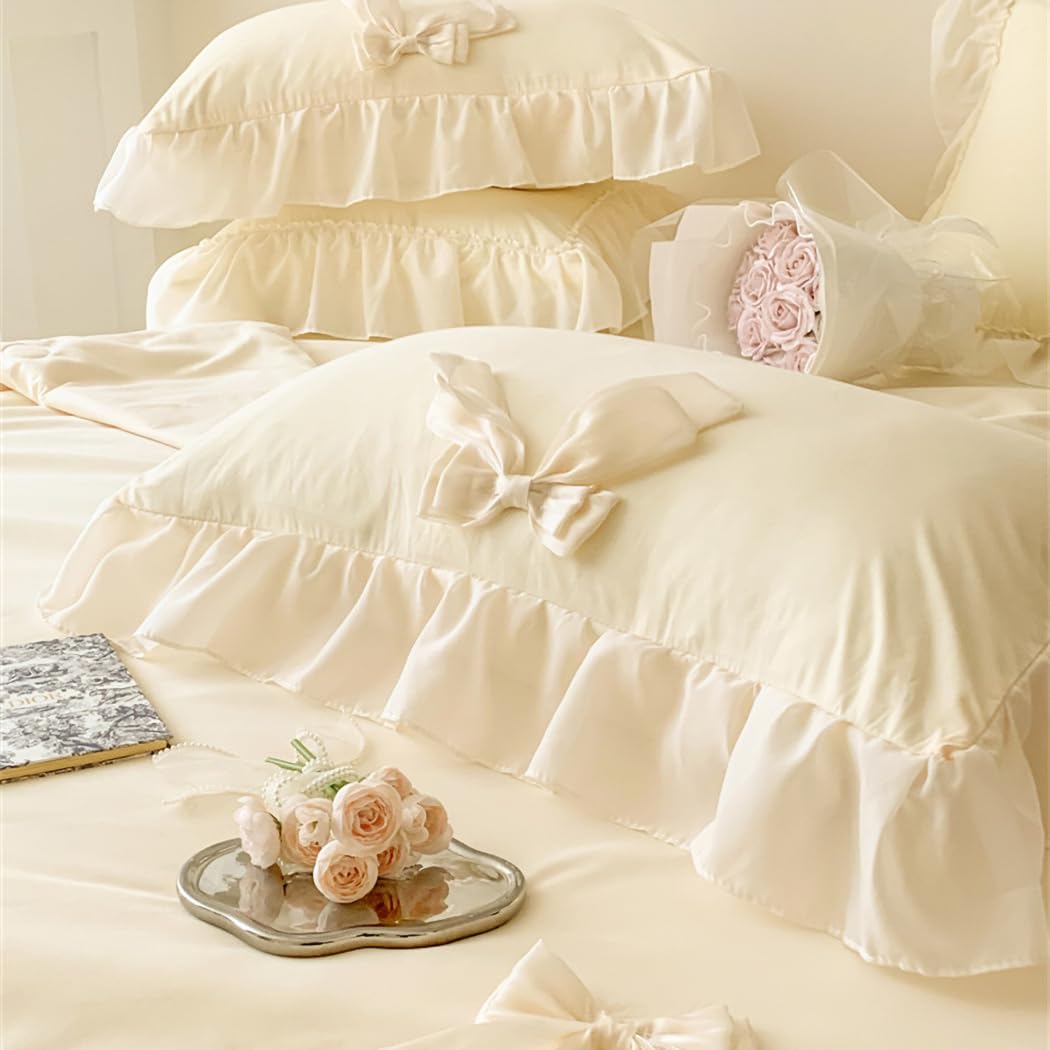 Ruffle Duvet Cover Bedding Set with Bowtie, 2 Pieces Comforter Cover Set with Zipper Closure with Pillowcase