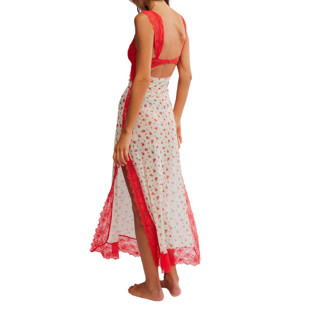 Women Sleeveless Maxi Dress Backless Bodycon Floral Printed Spaghetti Strap Long Dress Sheer Mesh Summer One-Piece