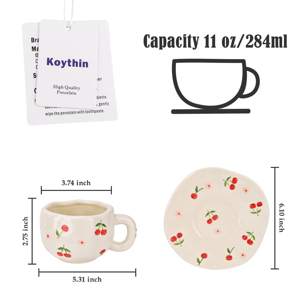 Ceramic Coffee Mug with Saucer Set, Cute Creative Cup Unique Irregular Design, 10 oz/300 ml