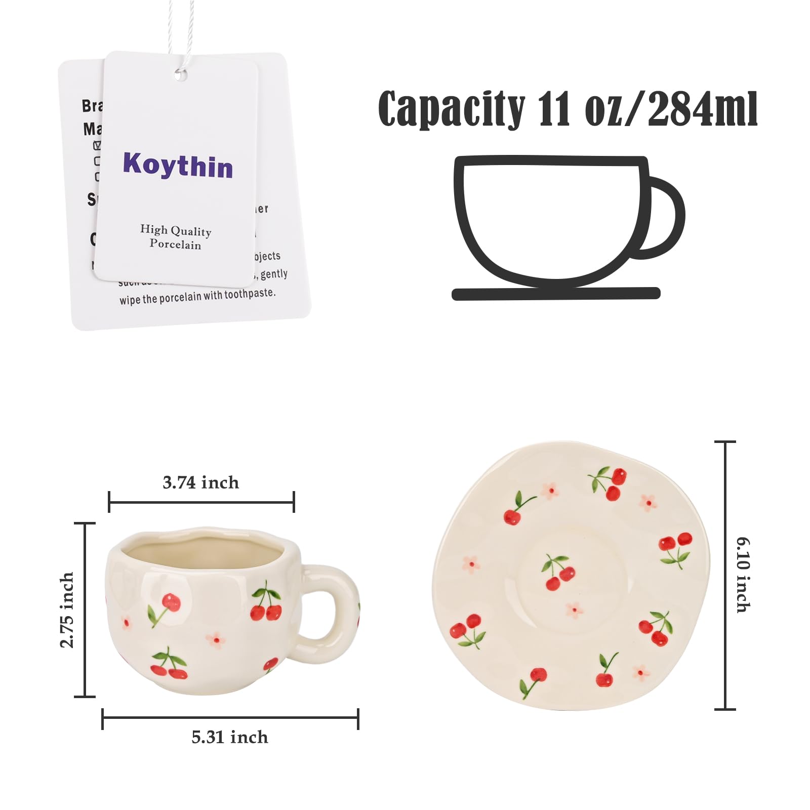 Ceramic Coffee Mug with Saucer Set, Cute Creative Cup Unique Irregular Design, 10 oz/300 ml