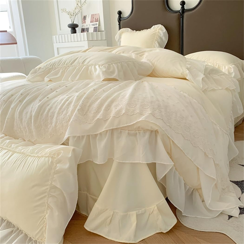 Lace Duvet Cover - Chiffon Ruffled Beddding Set with Flower, 3 Pieces Comforter Cover Set with Zipper Closure and Pillowcase
