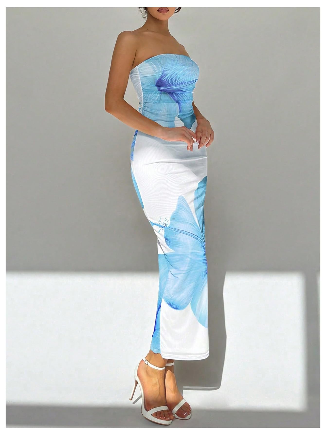 Women's Floral Strapless Bodycon Maxi Dress Summer Tube Top Dresses
