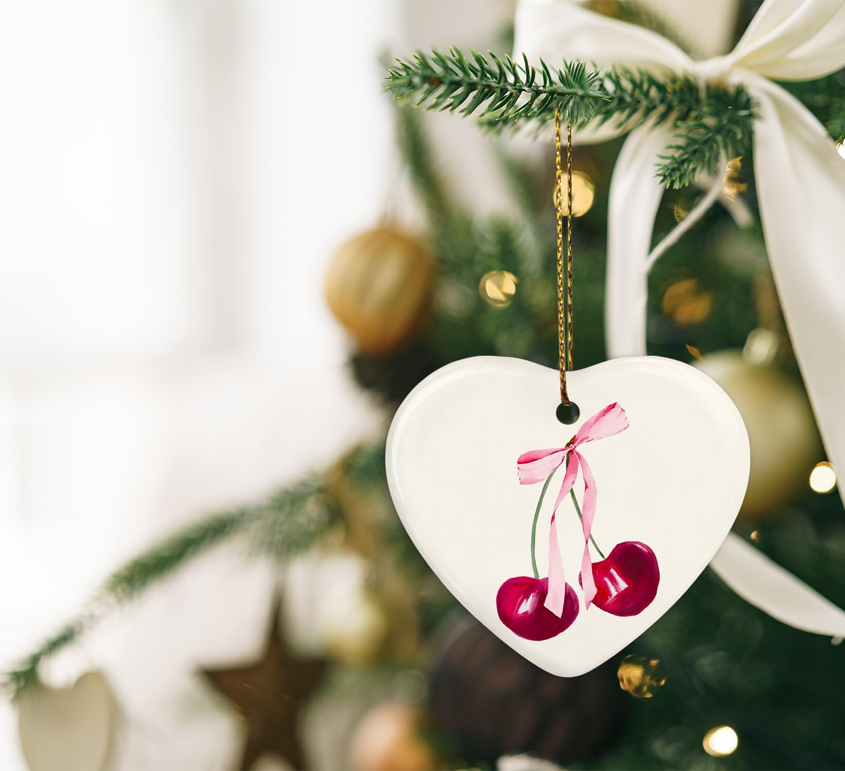 Coquette Trendy Pink Bow Ornament, Keepsake Sign for Decoration, Ceramic Heart