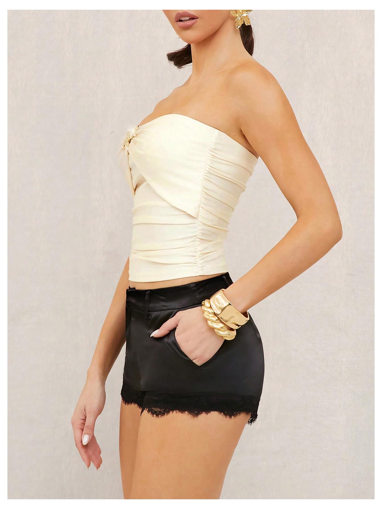 Women's Rhinestone 3D Floral Sleeveless Bandeau Ruched Strapless Tube Top