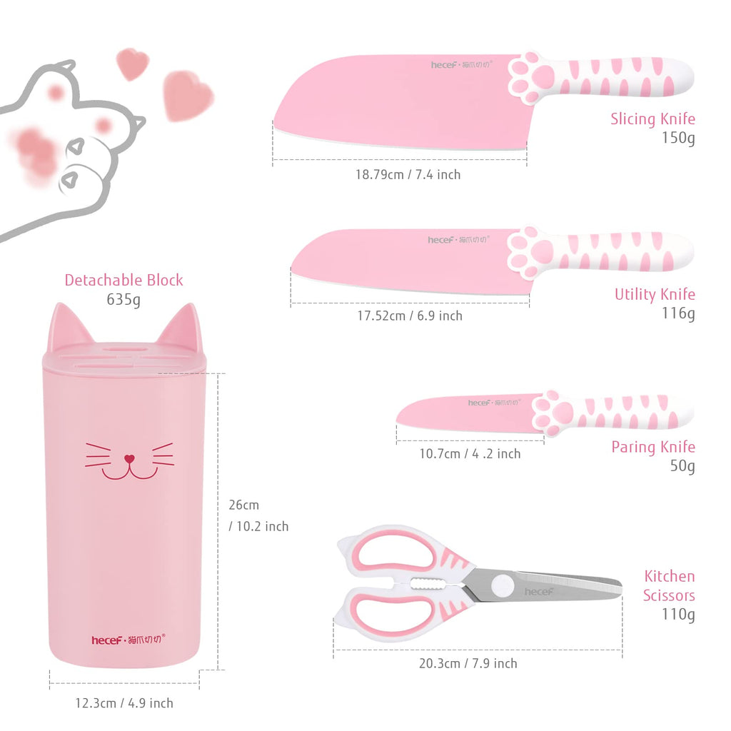 Cute Kitchen Knife Set, Dishwasher Safe, 5-piece Non-Stcik Knives Set with Detachable Block and Scissors,Sharp for Chopping, Slicing, Dicing and Cutting