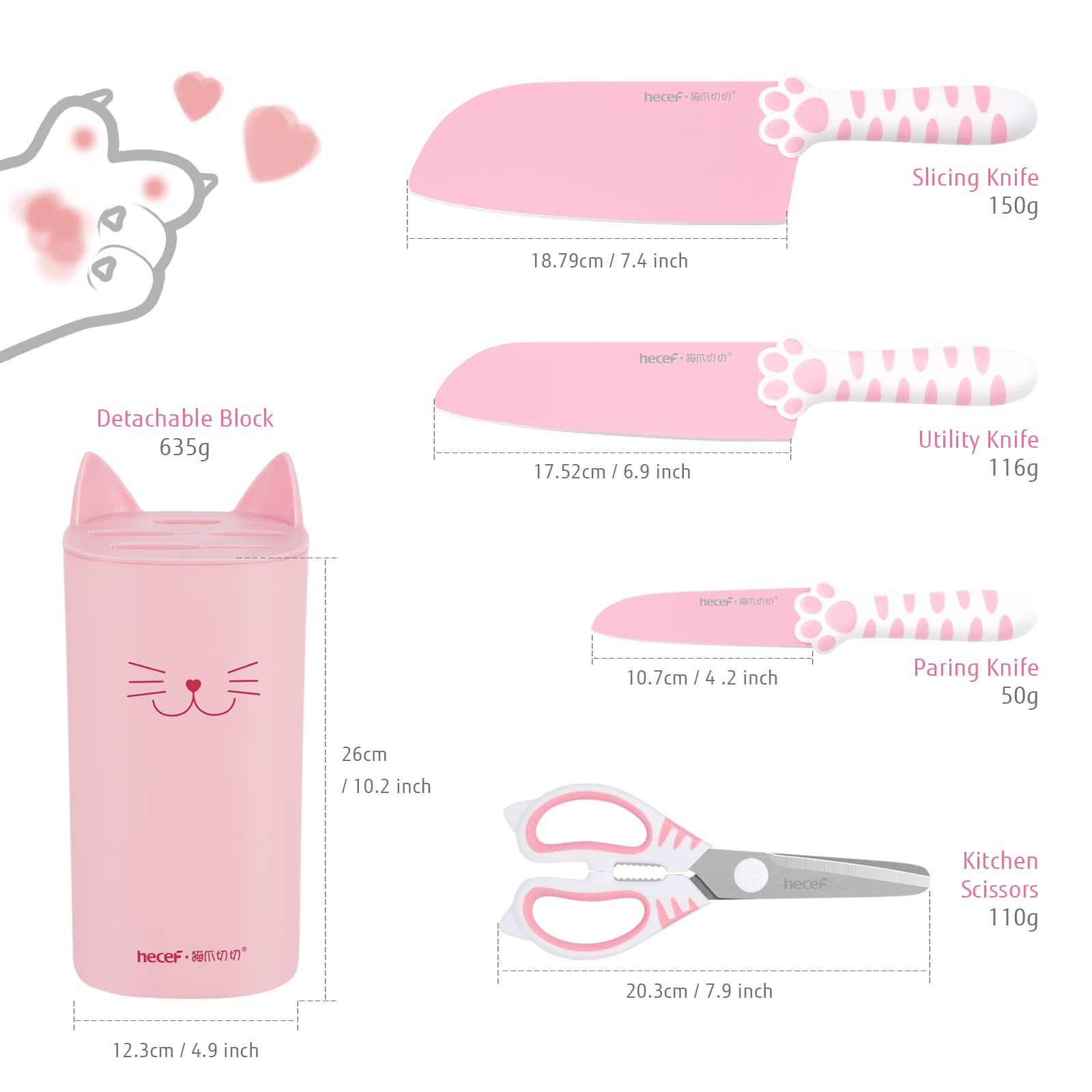 Cute Kitchen Knife Set, Dishwasher Safe, 5-piece Non-Stcik Knives Set with Detachable Block and Scissors,Sharp for Chopping, Slicing, Dicing and Cutting