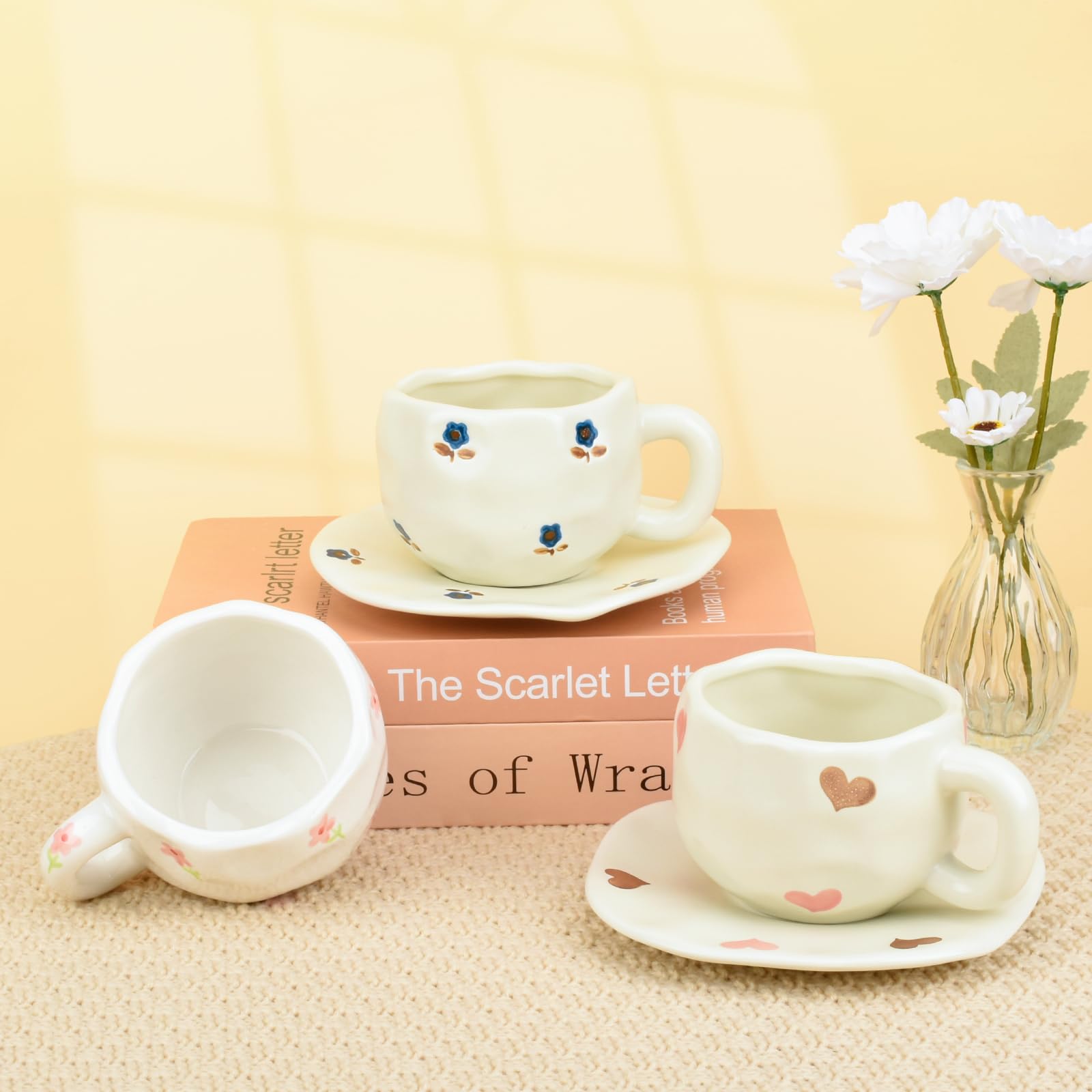 Ceramic Coffee Mug with Saucer Set, Cute Creative Cup Unique Irregular Design, 10 oz/300 ml