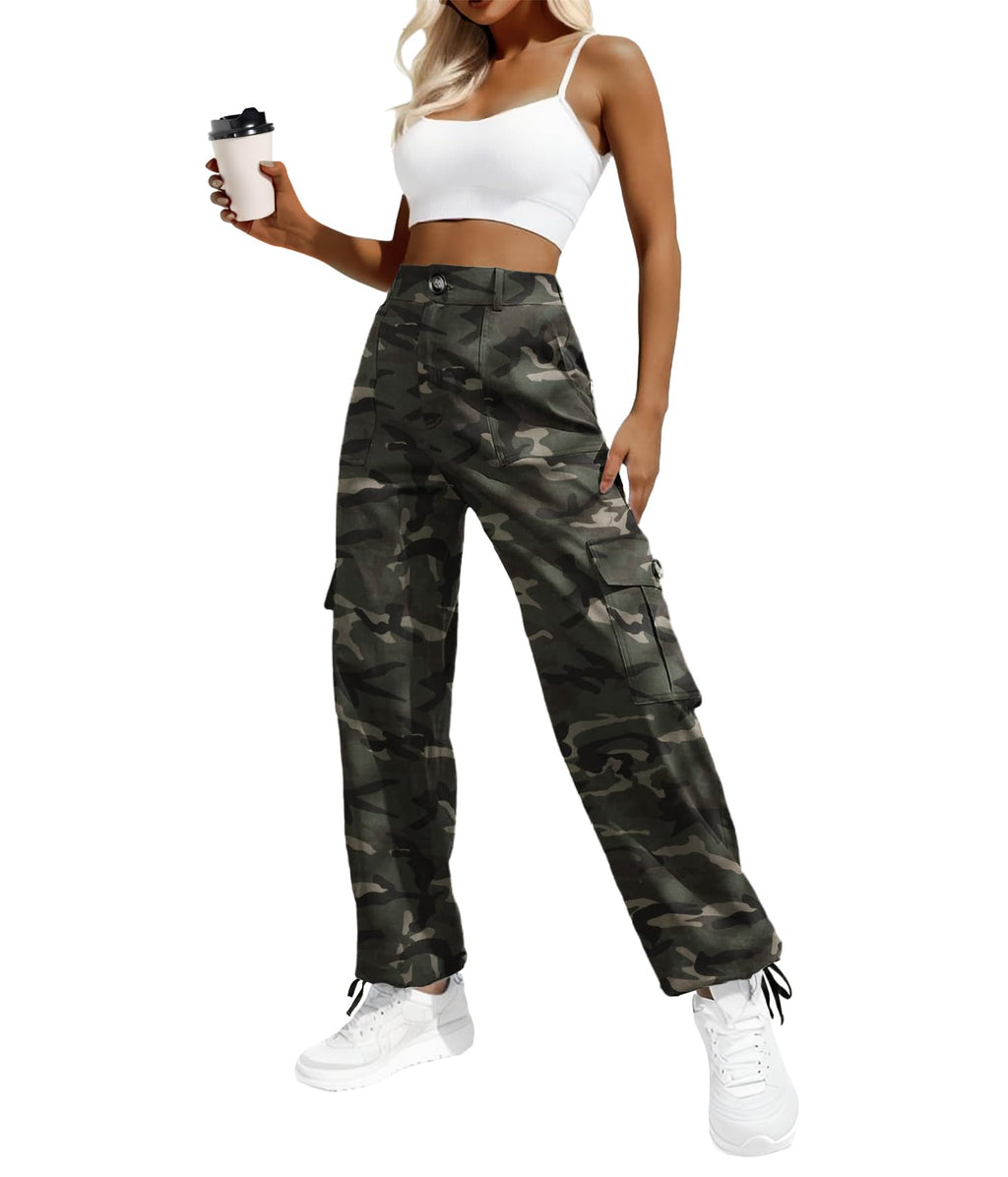 Women's High-Waisted Cargo Pants â€?Y2K Streetwear Baggy with 6 Pockets & Drawstring Cuffs