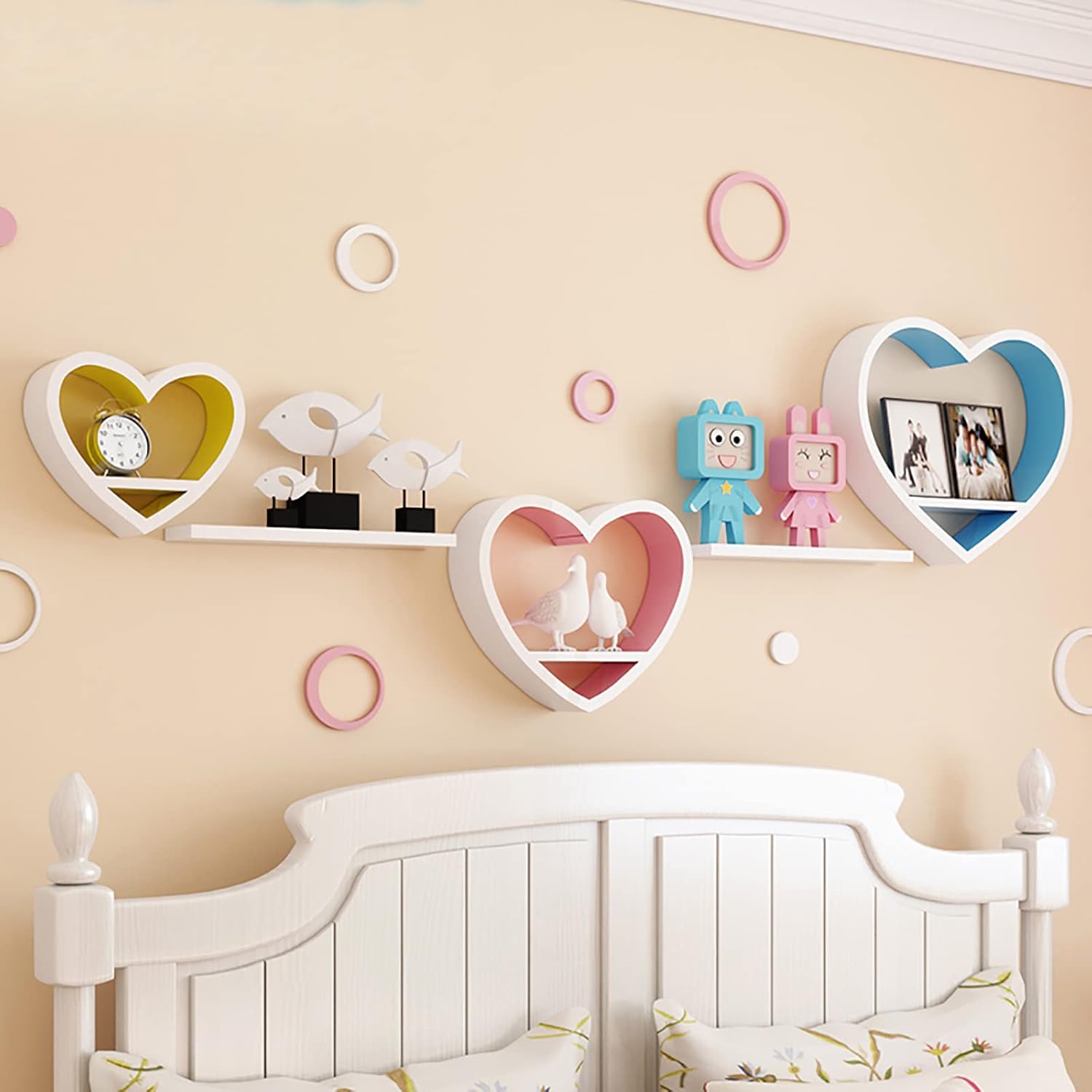 Set of 3 Heart-Shaped Floating Shelves â€?Kawaii Wood Wall Decor for Bedroom, Bathroom & Living Room