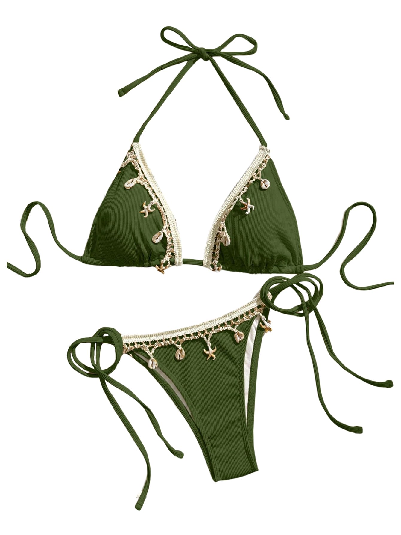 Women's 2 Piece Halter Triangle Bathing Suit Ribbed Bikini Swimsuits