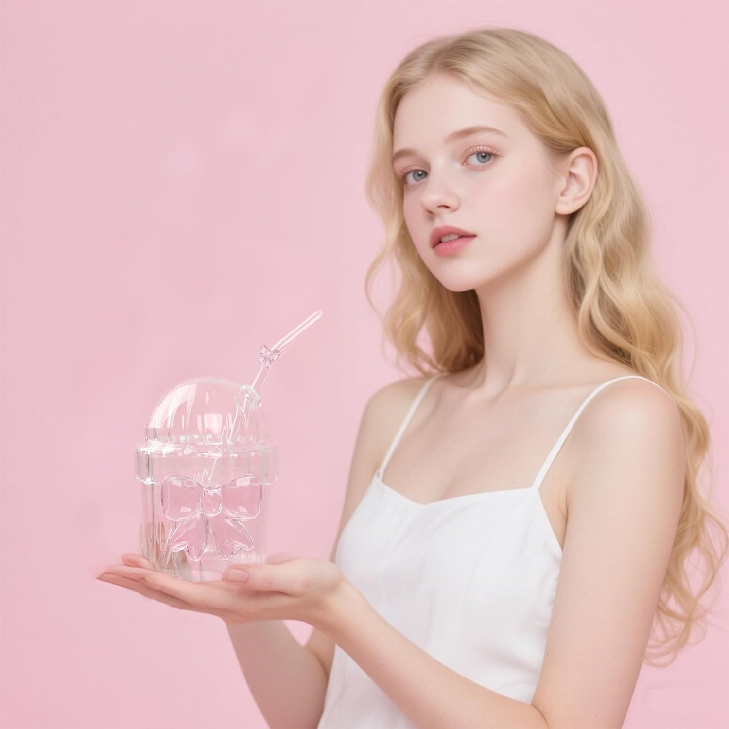 Coquette Cute Pink Bow Glass Cup with Lid And Straw, Aesthetic Glass Tumbler