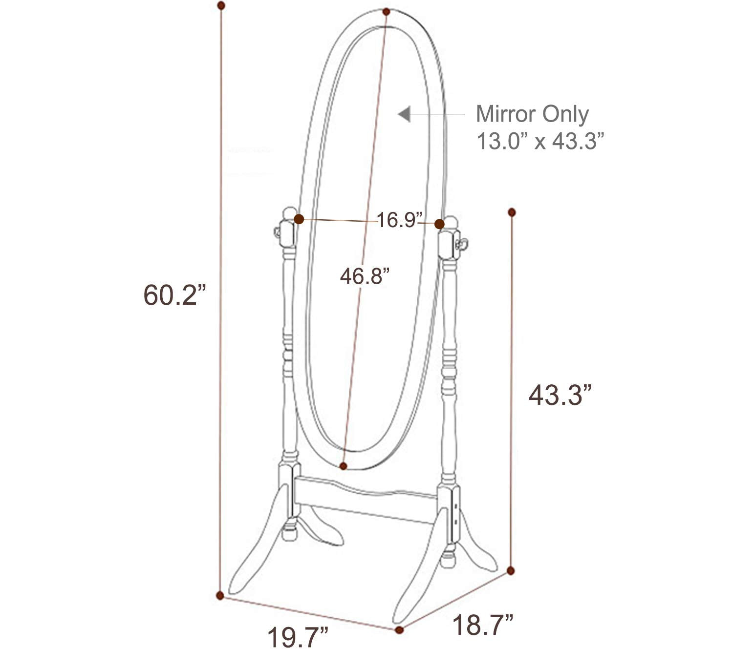 Wooden Antique Floor Free Standing Mirror/Traditional Style 60" Oval