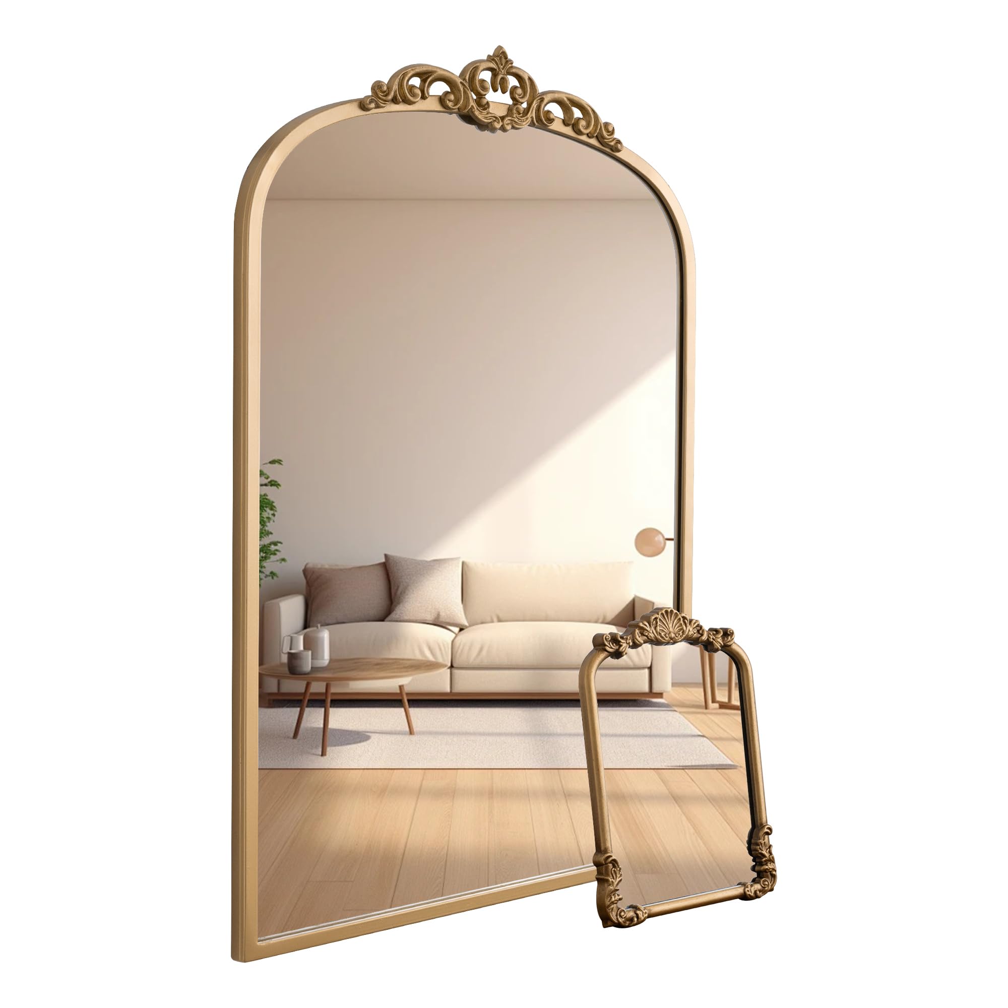 Set Vintage Mirror 36x29 Gold Antique Baroque Arched Ornate Traditional Brass Mirror and 8.5x12 Vintage Vanity