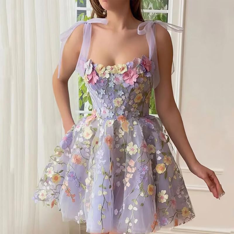Summer Floral Tie Strap Tulle - Fairy Embroidery Lace Mini Princess Dress