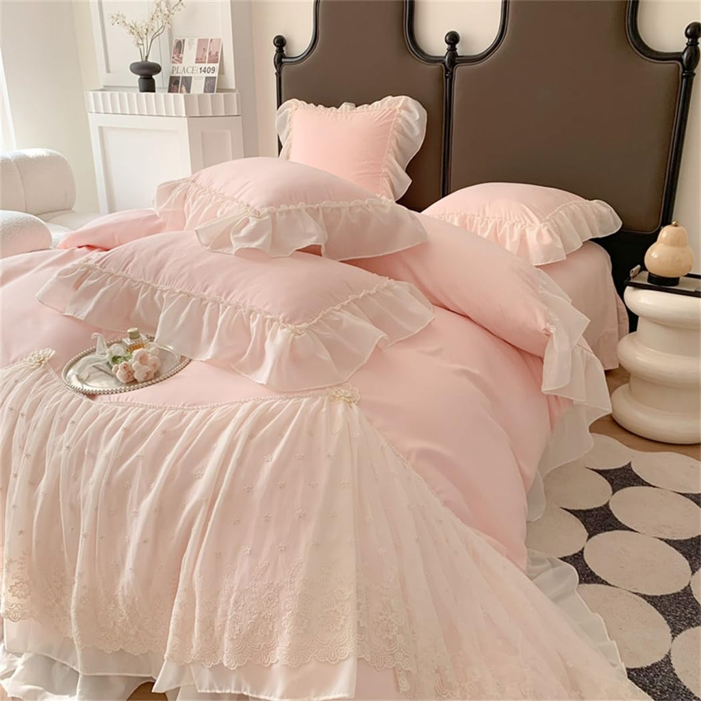 Lace Duvet Cover - Chiffon Ruffled Beddding Set with Flower, 3 Pieces Comforter Cover Set with Zipper Closure and Pillowcase