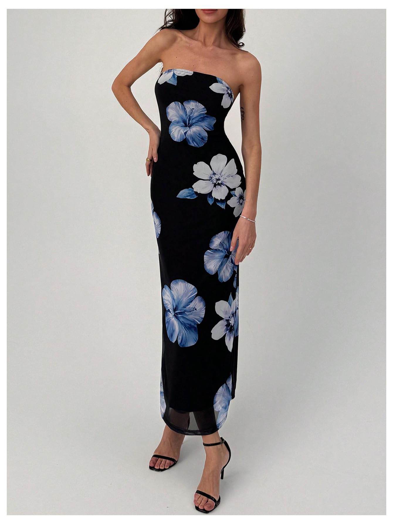 Women's Floral Strapless Bodycon Maxi Dress Summer Tube Top Dresses