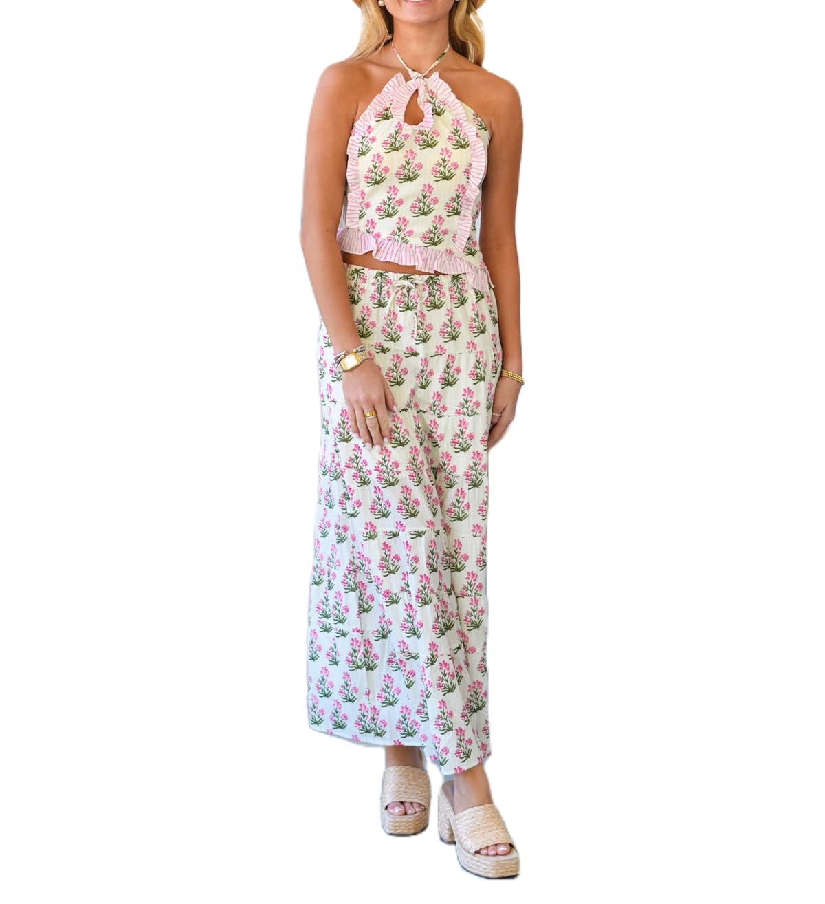 Womens 2 Piece Maxi Skirt Set Y2k Halter Ruched Cami Top Tiered Flowy Ruffle Skirt Outfit