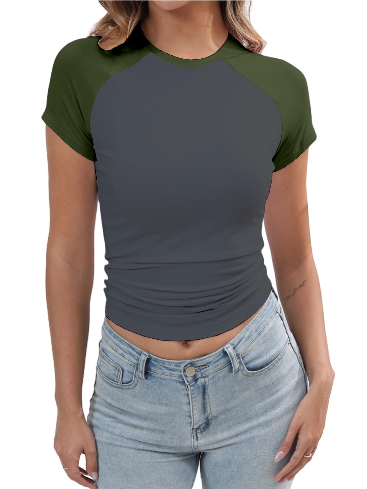 Women's Y2K Basic Shirts Short Sleeve Crewneck Slim Fit Stretchy Slightly Crop Top