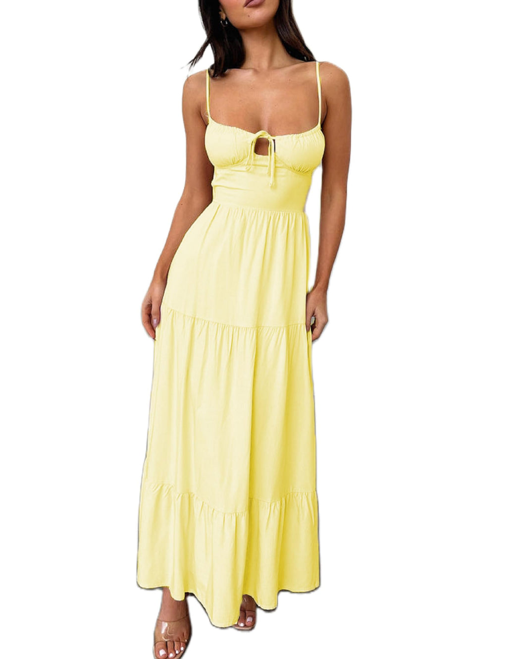 Women Y2k Bodycon Long Dress Spaghetti Strap Low Cut Dress Casual Backless Flowy Maxi Dress Sexy