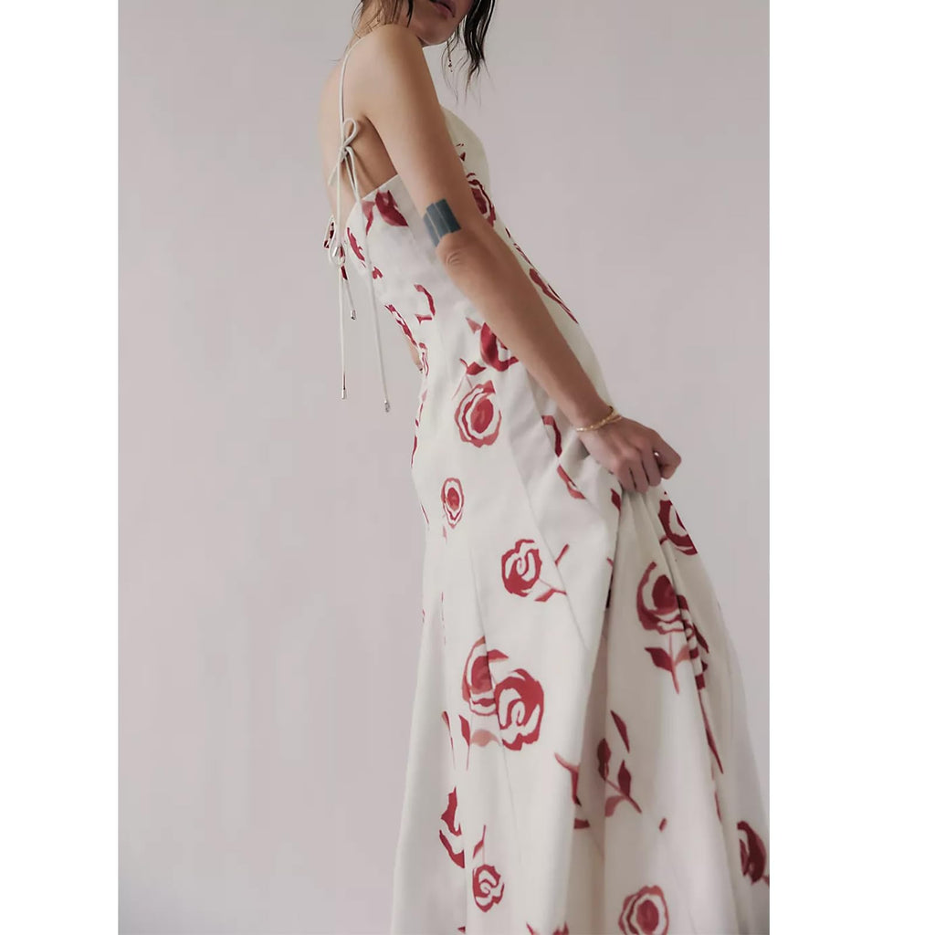 Women Floral Slip Dress Spaghetti Strap Maxi Dress Backless Slim Fit Long Dresses Flowers Print Going Out Dress