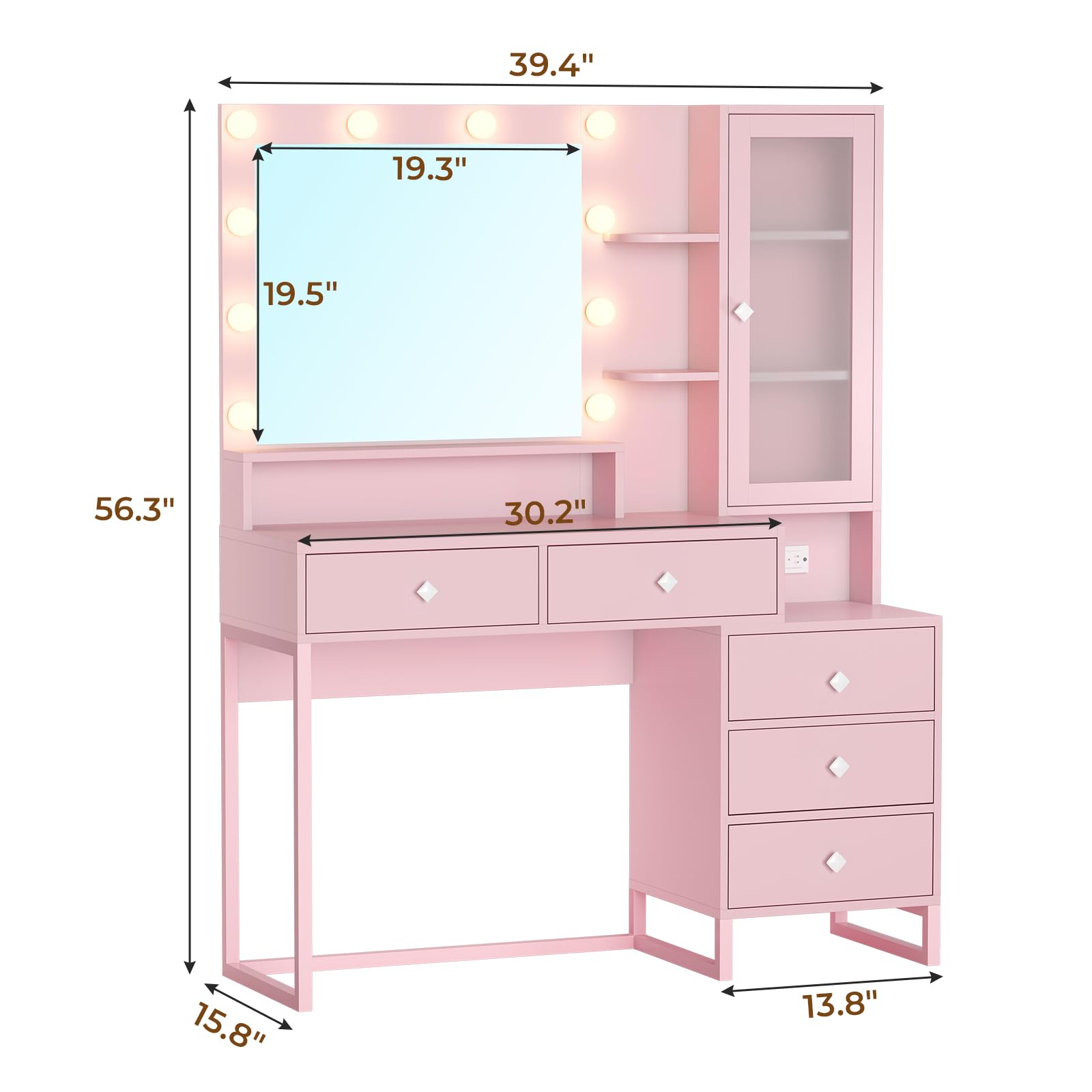 Vanity Desk with Mirror and Lights & Charging Station, White Vanity Table with 5 Storage Drawer & Glass Door & 3 Shelves