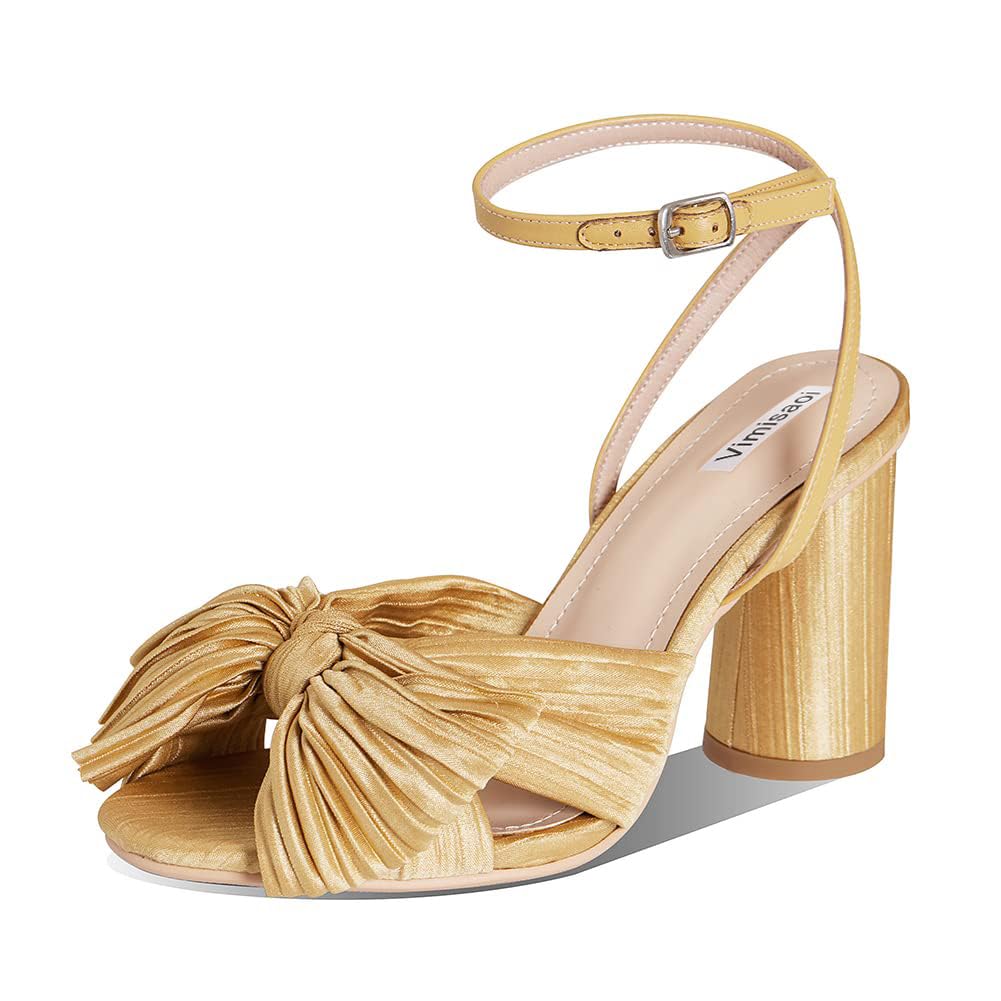 Women's High Block Chunky Heel Sandals Fashion Open Toe Ankle Buckle Strap Pleated Bow Heel