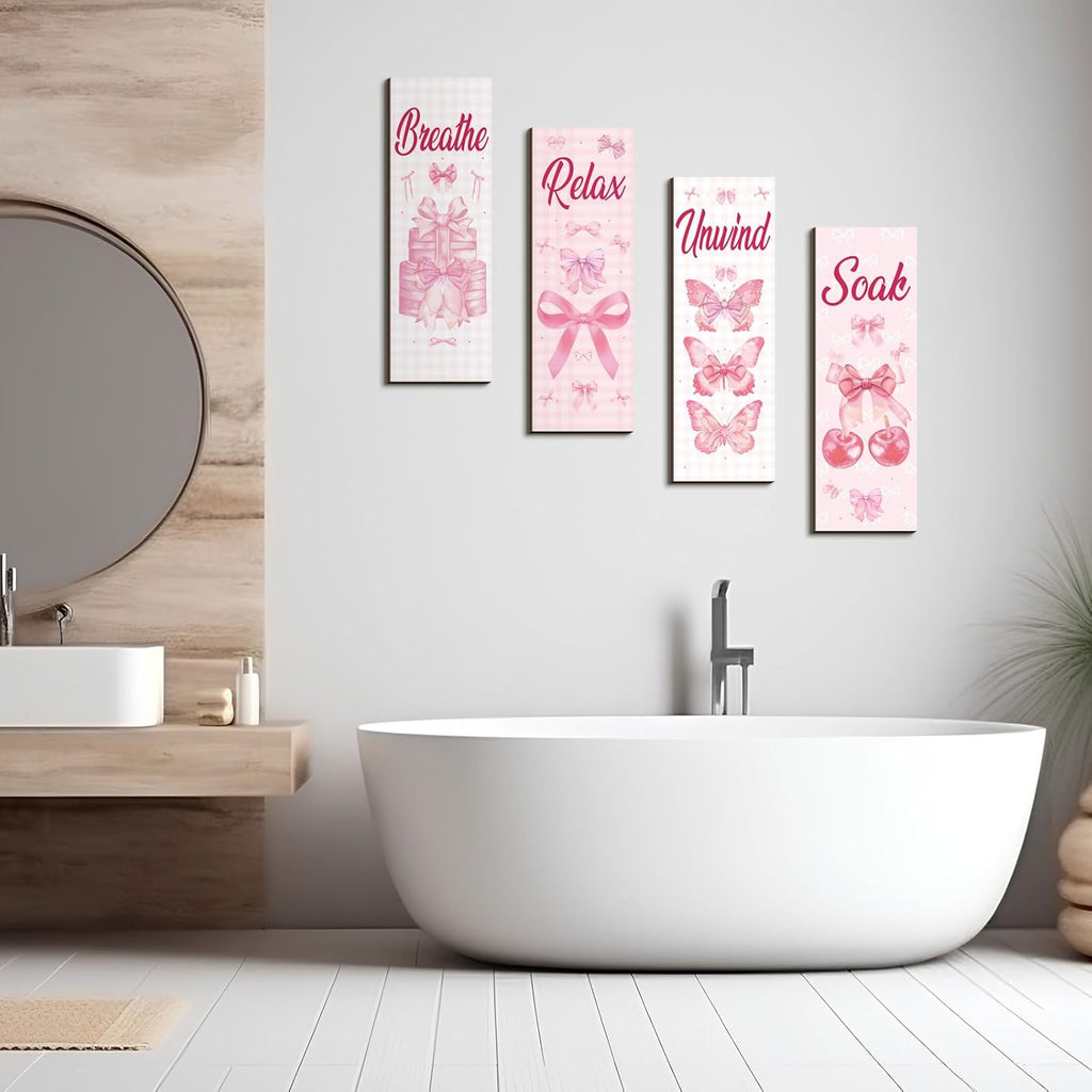Coquette Pink Bow Bathroom Wall Decor Pink Pictures Wall Art 4 Pcs 11.8 x 3.9 Inch