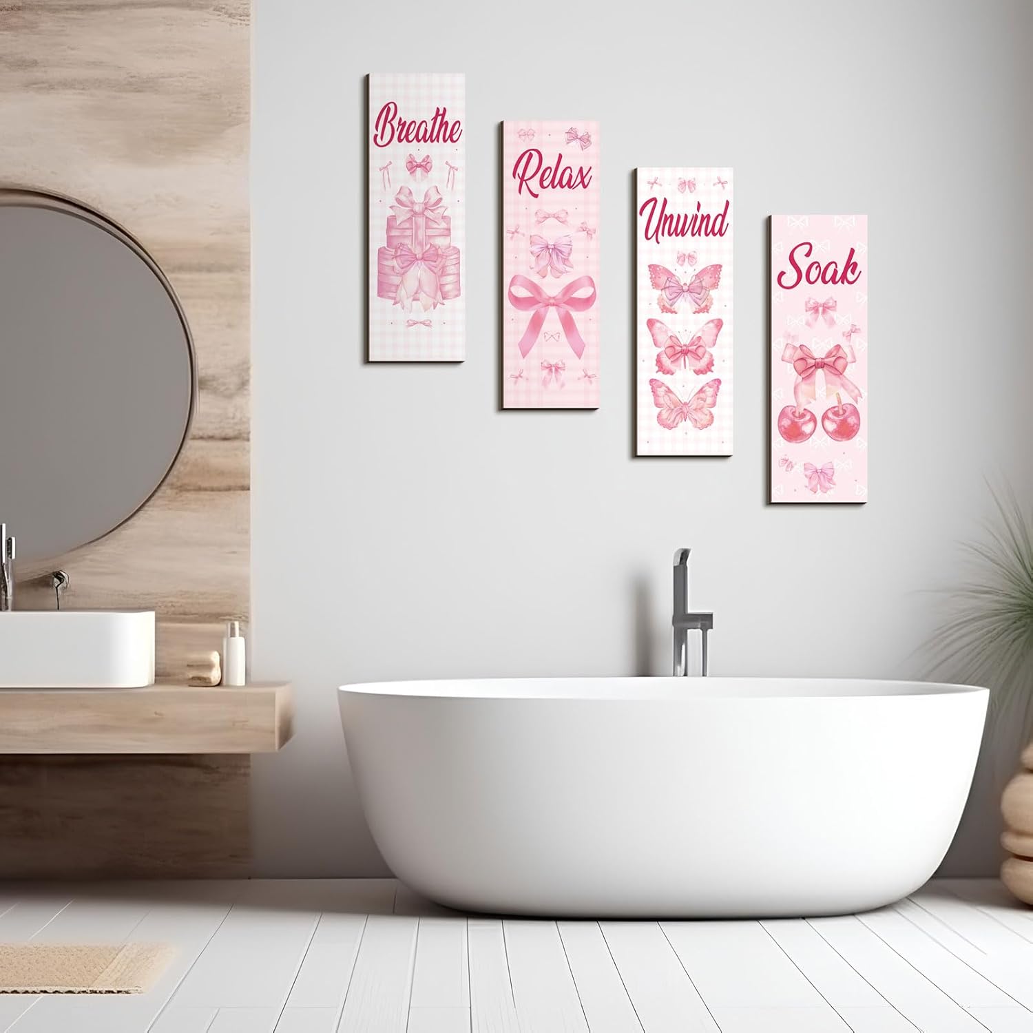 Coquette Pink Bow Bathroom Wall Decor Pink Pictures Wall Art 4 Pcs 11.8 x 3.9 Inch