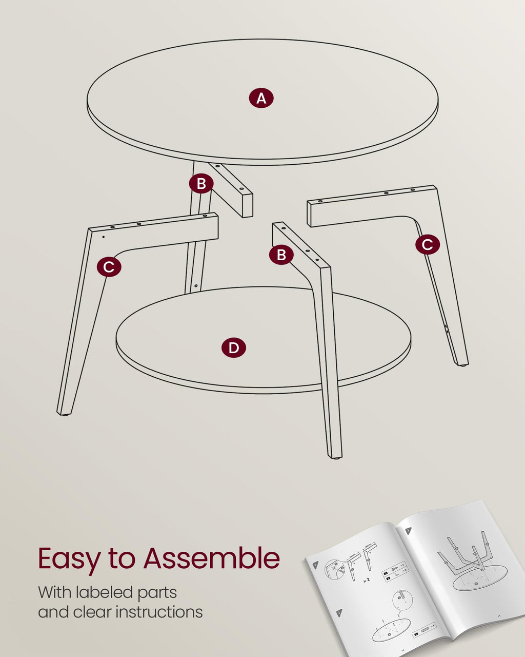 Round Coffee Table, 2 Tier Coffee Table with Storage, for Living Room, 31.5 x 17.7 Inches, Easy to Assemble