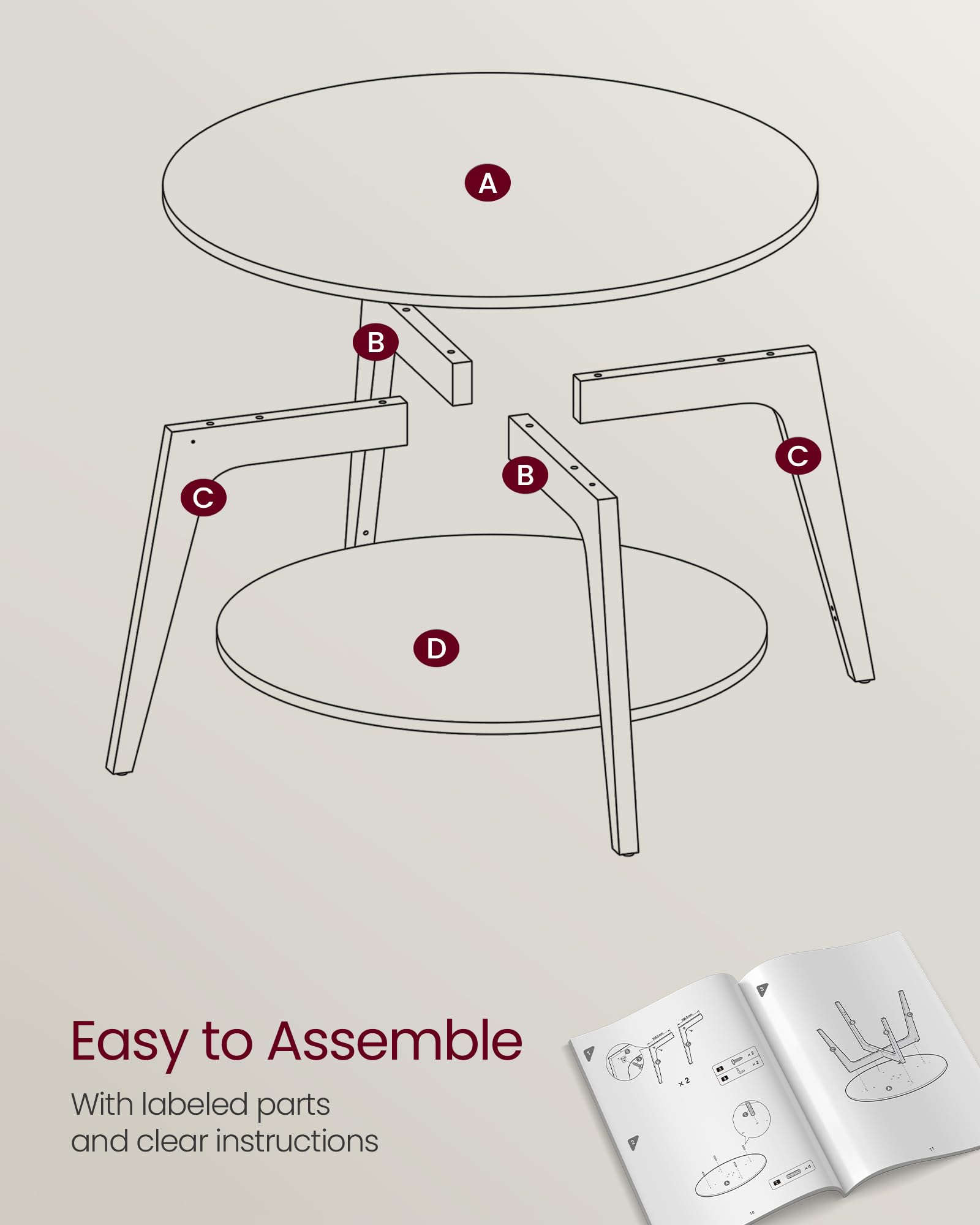 Round Coffee Table, 2 Tier Coffee Table with Storage, for Living Room, 31.5 x 17.7 Inches, Easy to Assemble