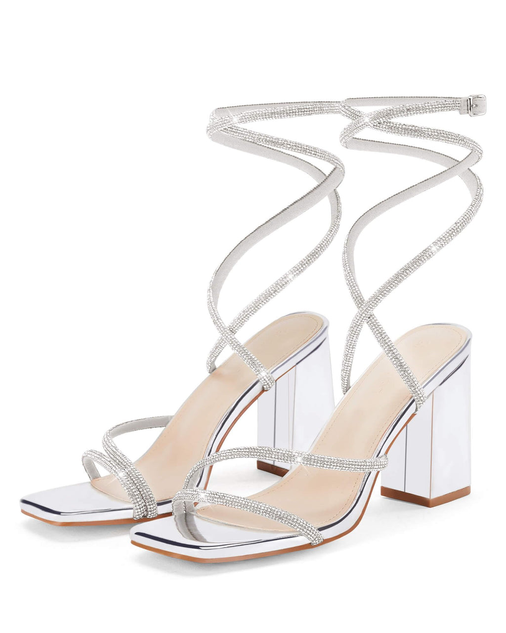 Womens Lace Up Chunky Heels Rhinestone Sandals Square Open Toe High Block Heeled